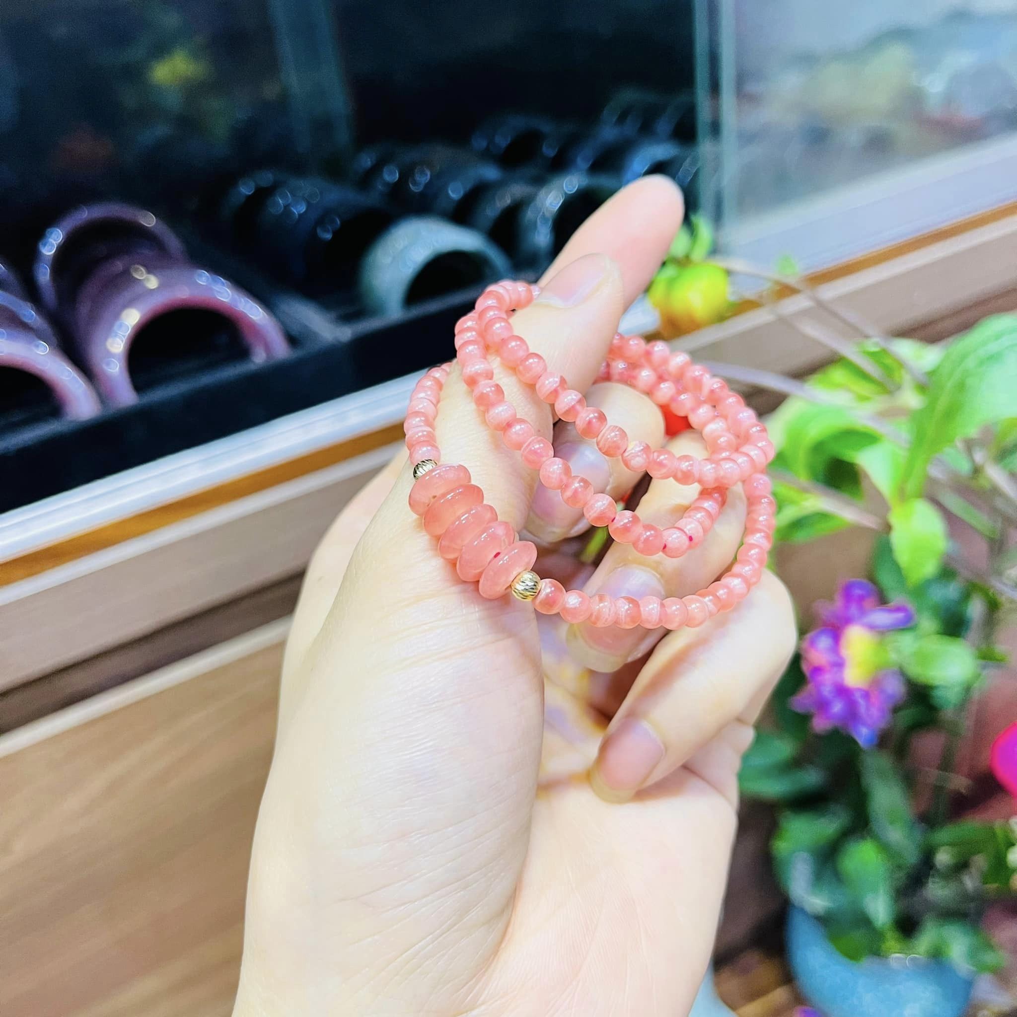 vòng tay đá hoa đào mix ngũ điếu