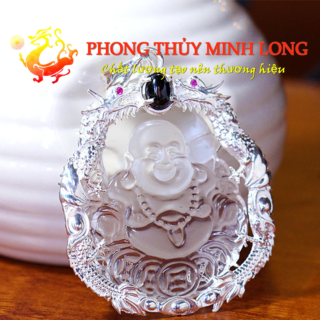 mặt dây chuyền phật di lặc đá mã não trắng bọc bạc đep