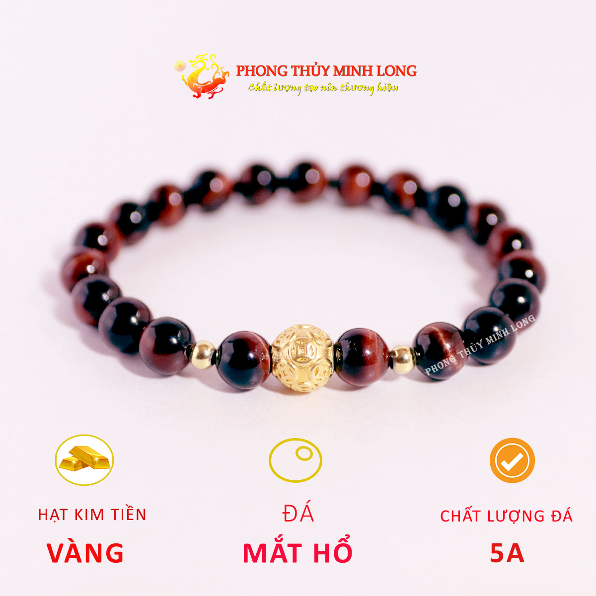 Vòng đá mắt hổ đỏ nâu mix kim tiền vàng 1