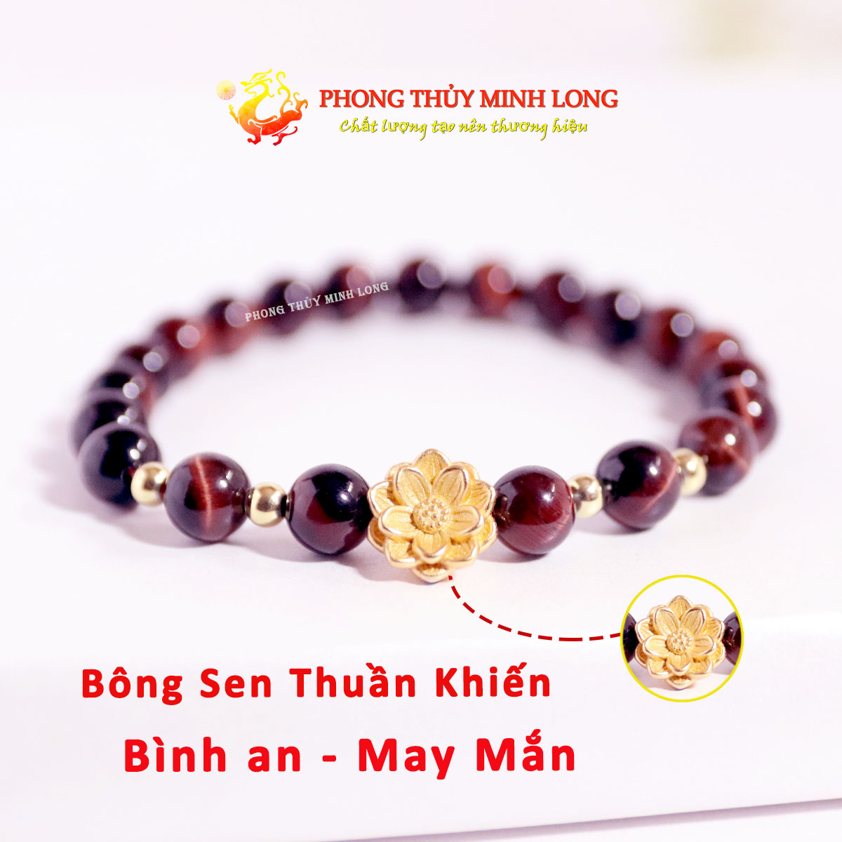 vòng đá mắt hổ đỏ nâu mix bông sen vàng 3