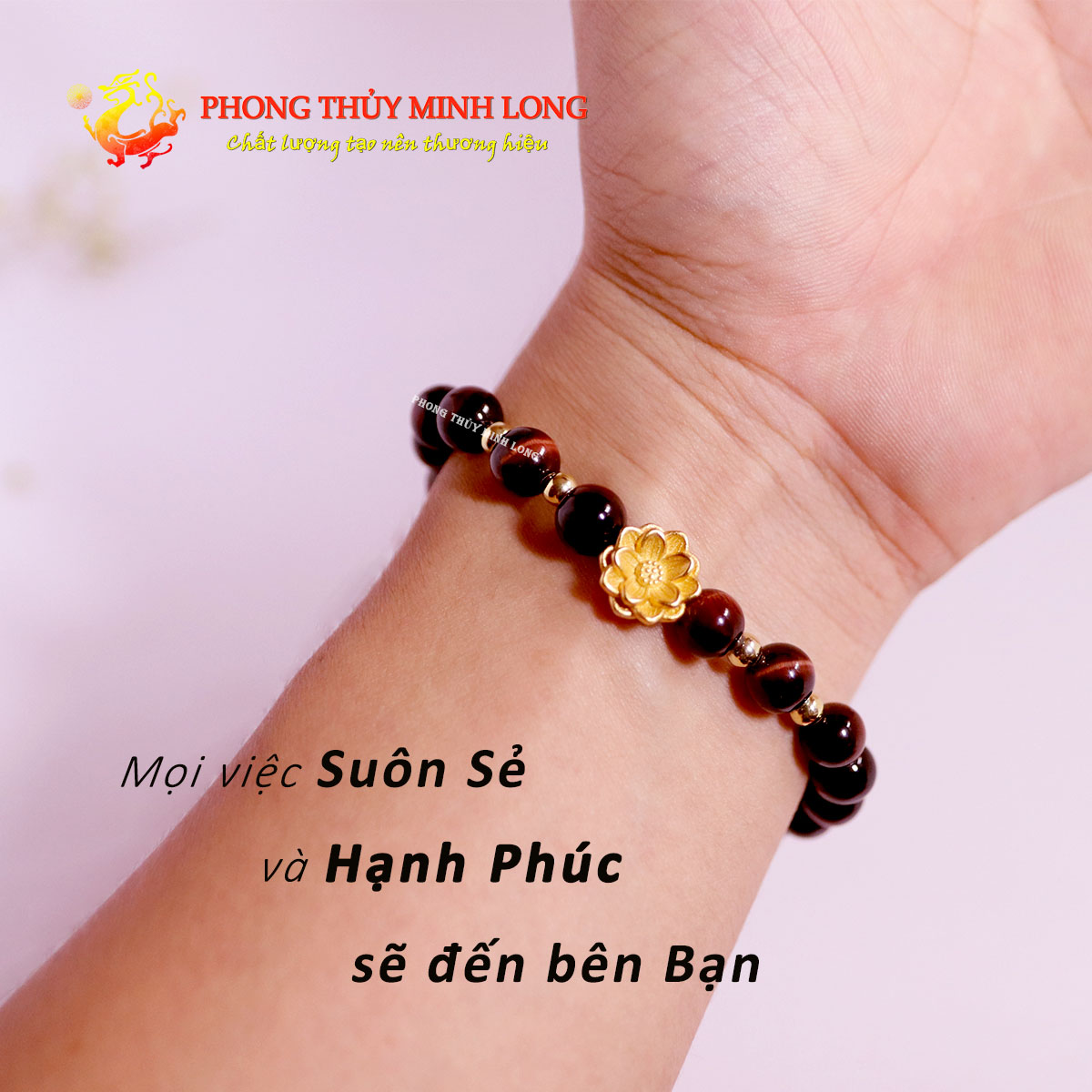 vong tay đá mắt hổ đỏ nâu mix bông sen vàng 4