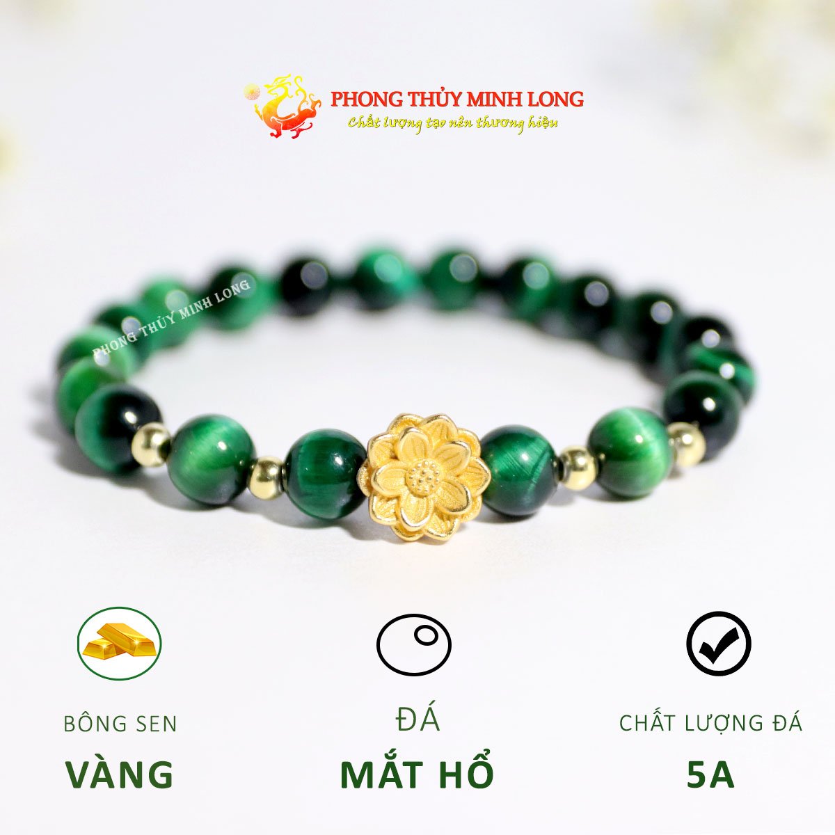 vòng tay đá mắt hổ xanh lá mix bông sen 1