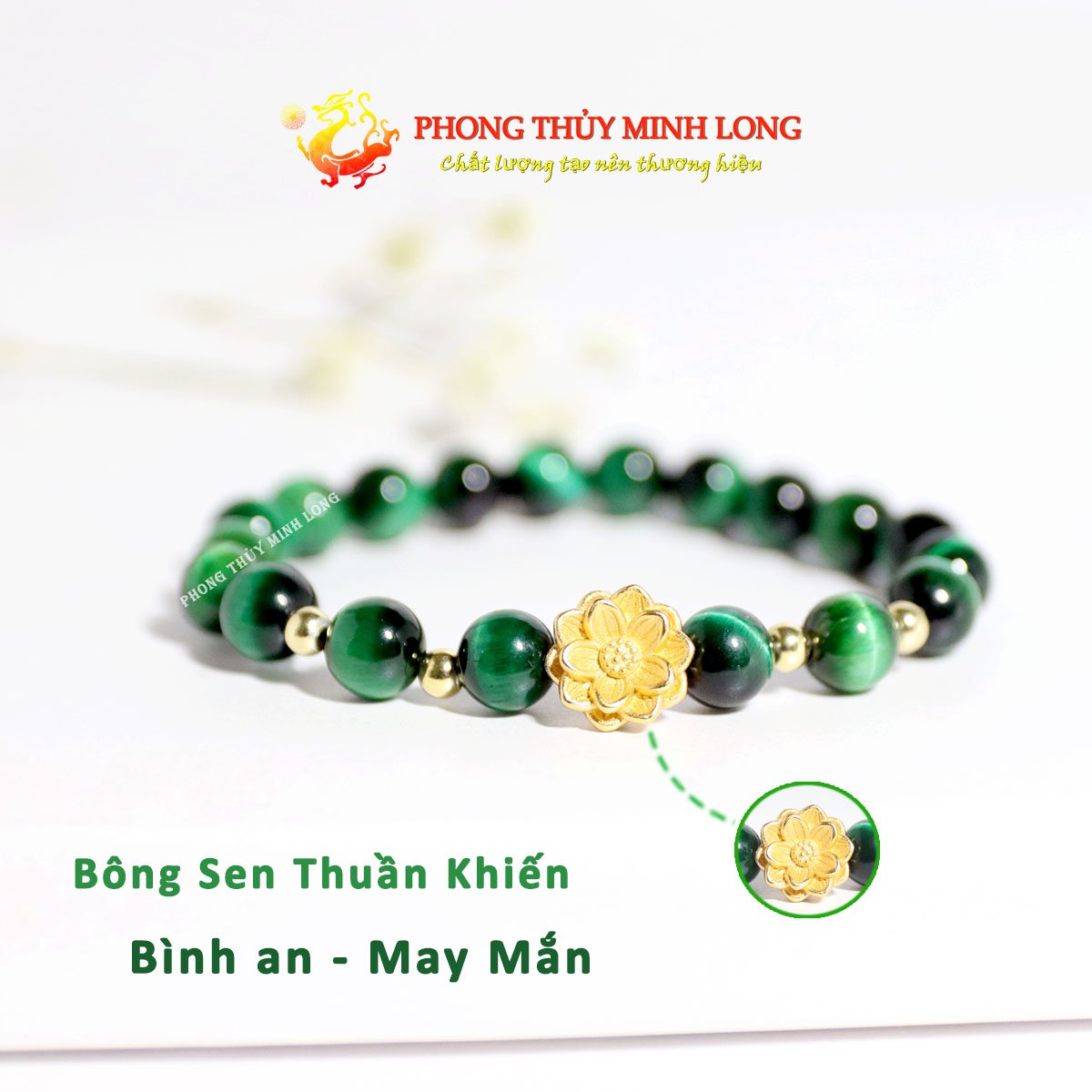 vòng đá mắt hổ xanh lá mix bông xen