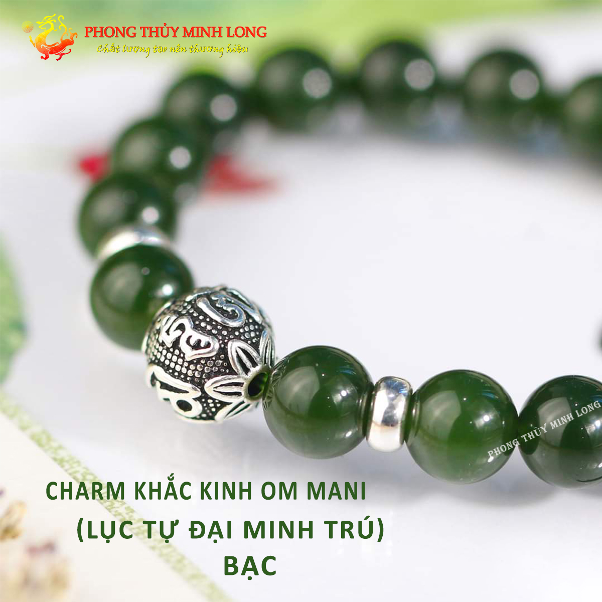 Vòng đá ngọc bích mix charm bạc khắc Om Mani Pad Me Hum (Lục tự đại minh trú)